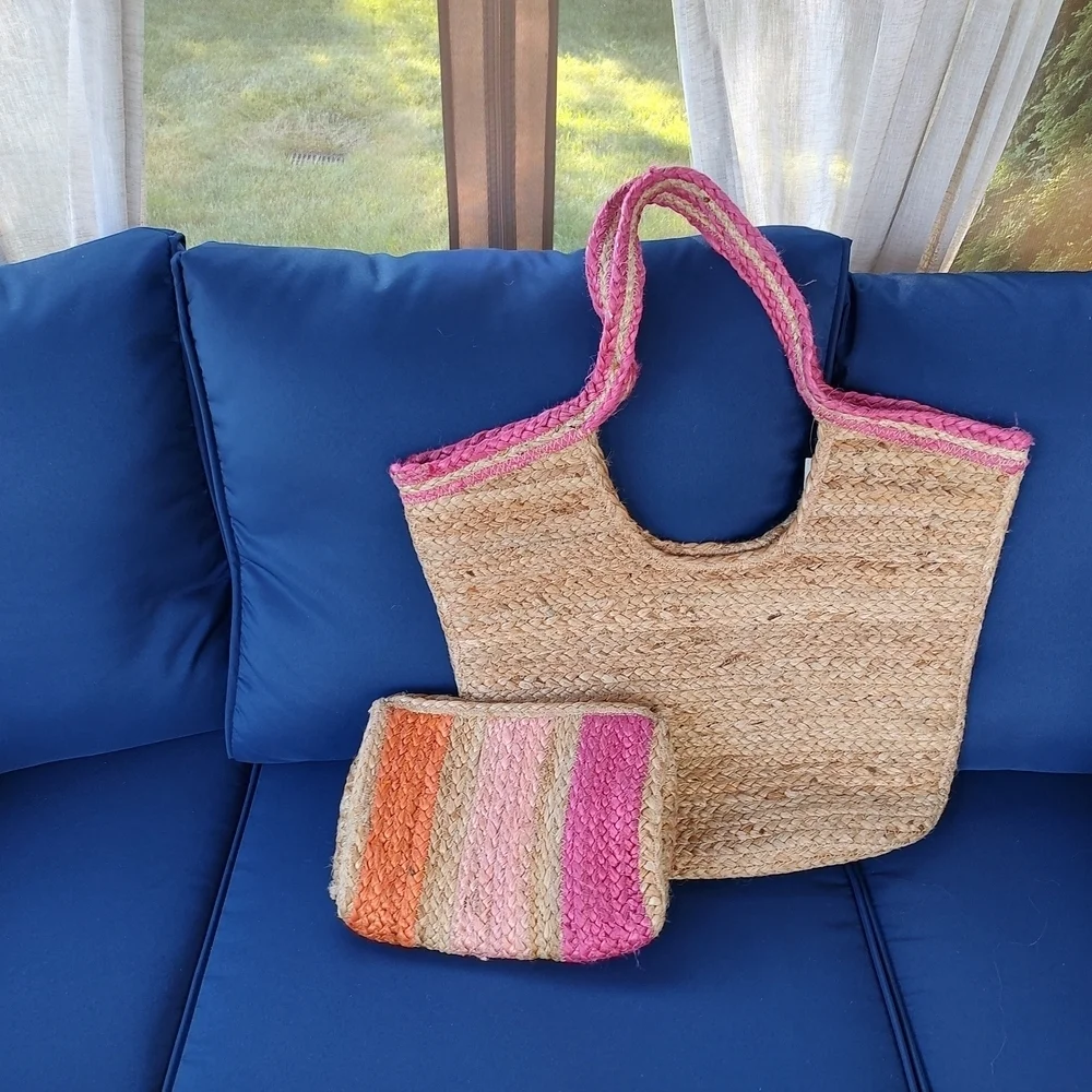 No Boundaries Tan and Pink Woven Bag Set!